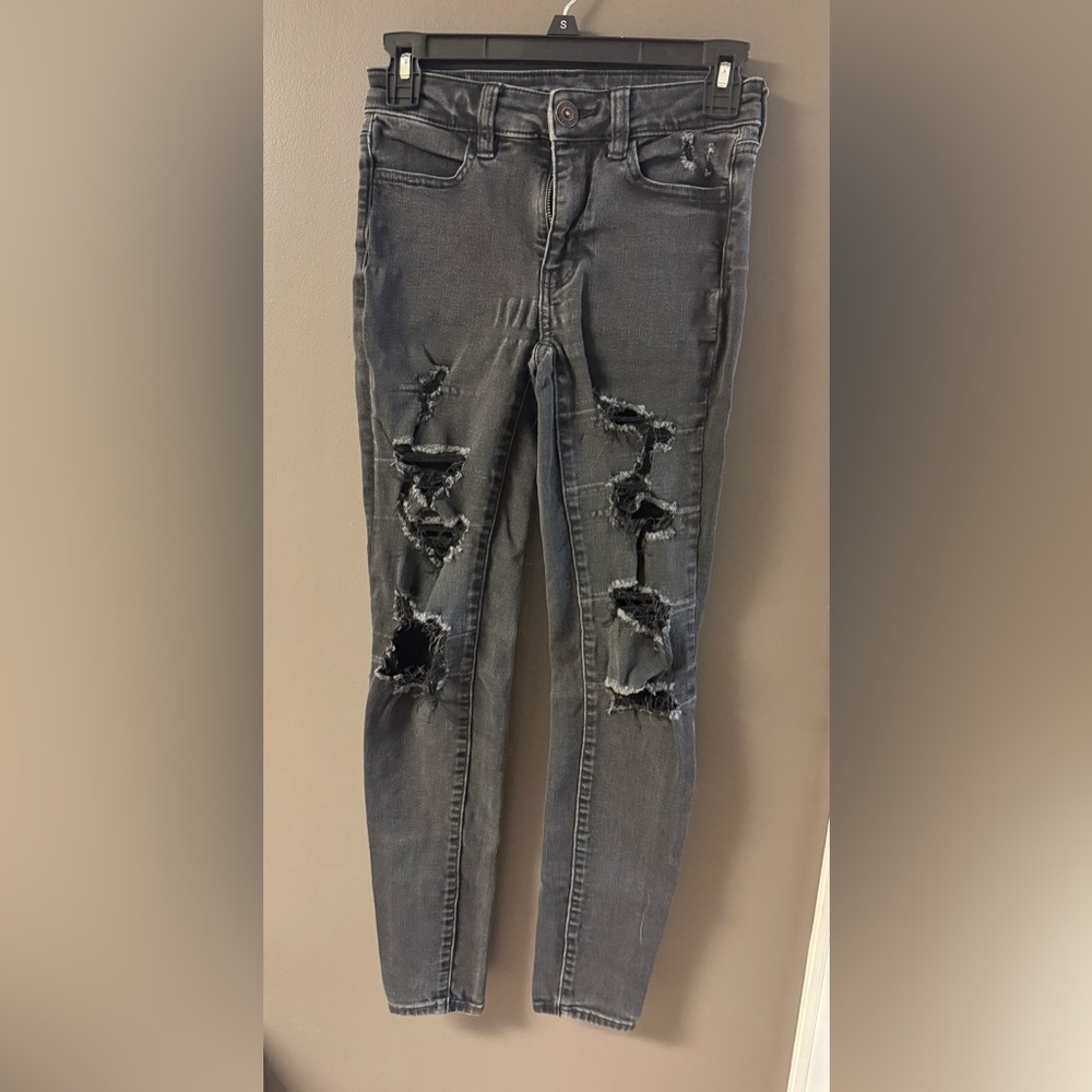 American Eagle Charcoal Distressed Skinny Jeans